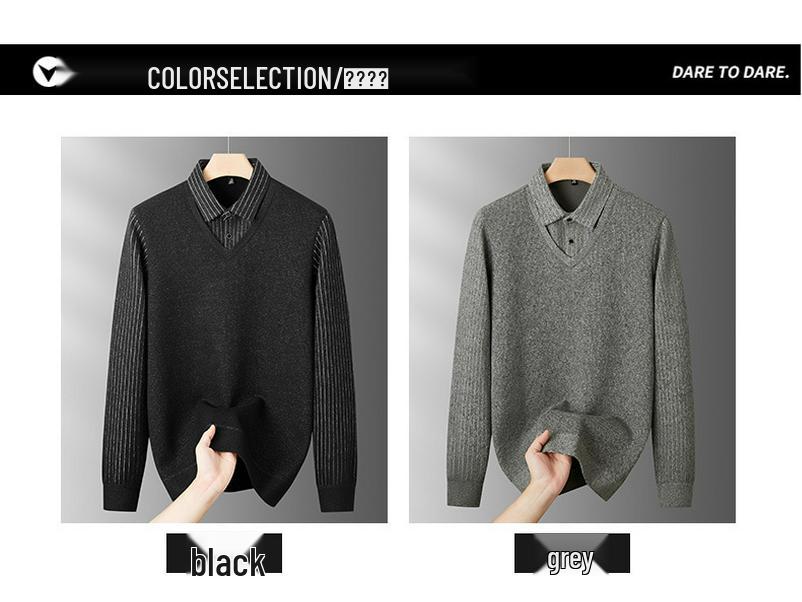 Fat Brother 2025 Men's Faux Two-Piece Long Sleeve Warm Sweater, Plus Size Loose Knitwear for Autumn/Winter