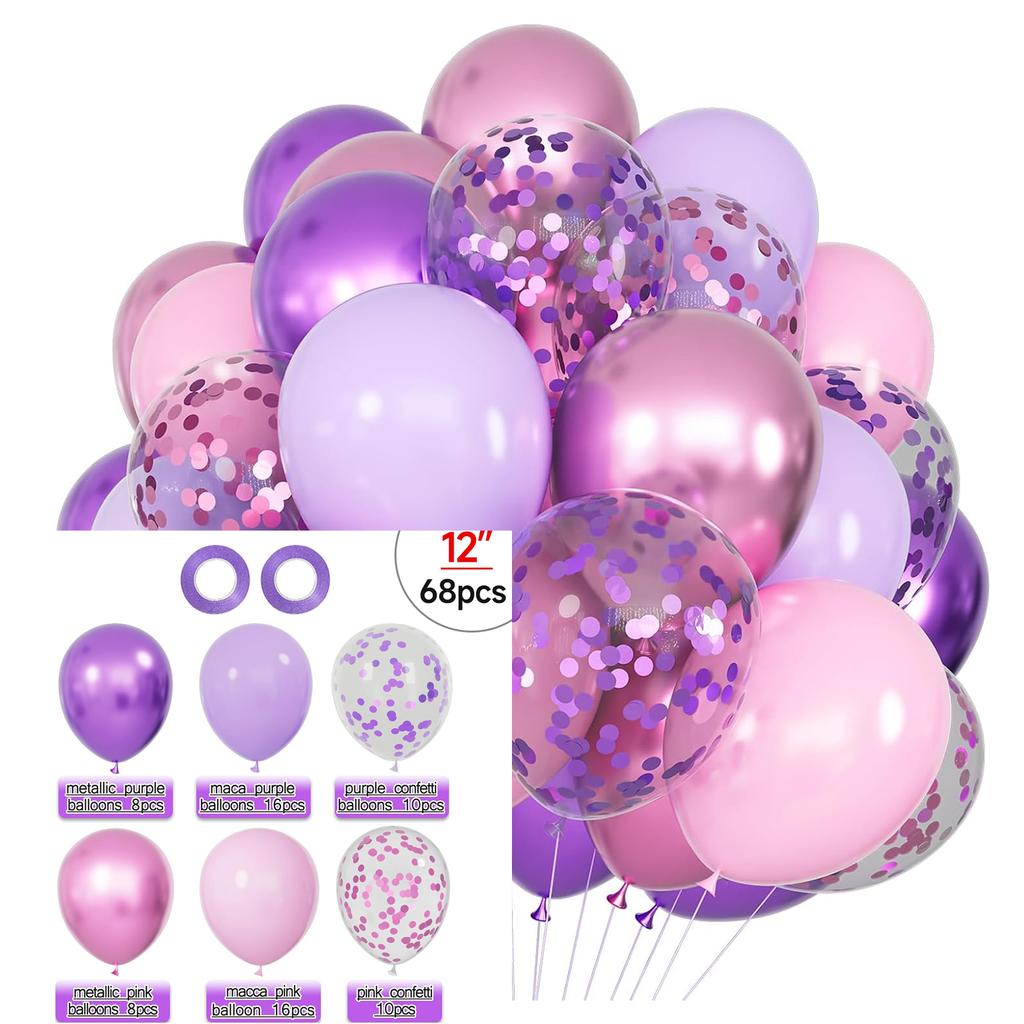 12inch-68pcs Pink Gold and Purple with Confetti Balloon Set Suitable for Weddings Birthday Spopular Parties Decoration Balloon