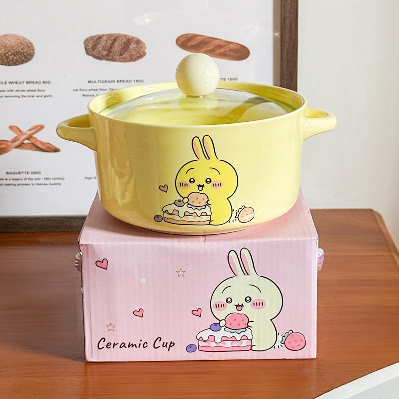 High-value Cute Tableware Ceramic Instant Noodle Bowl with Lid Children's Rice Bowl Student Dormitory Instant Noodle Bowl Binaural Soup Bowl
