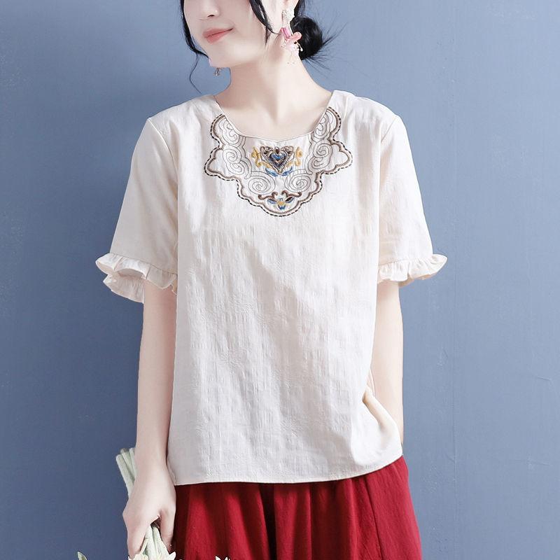 Summer Cotton and Linen Neckline Floral Embroidered Wood Earrings Short-sleeved T-shirt for Women Chinese Style Retro Loose Thin Top