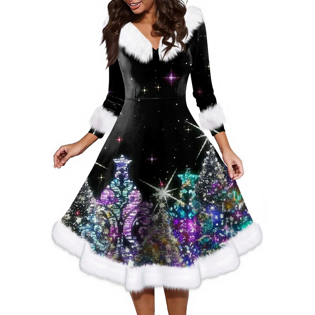 Women's Fashion V-neck Casual Fit Christmas Print Party Long Sleeve Dress