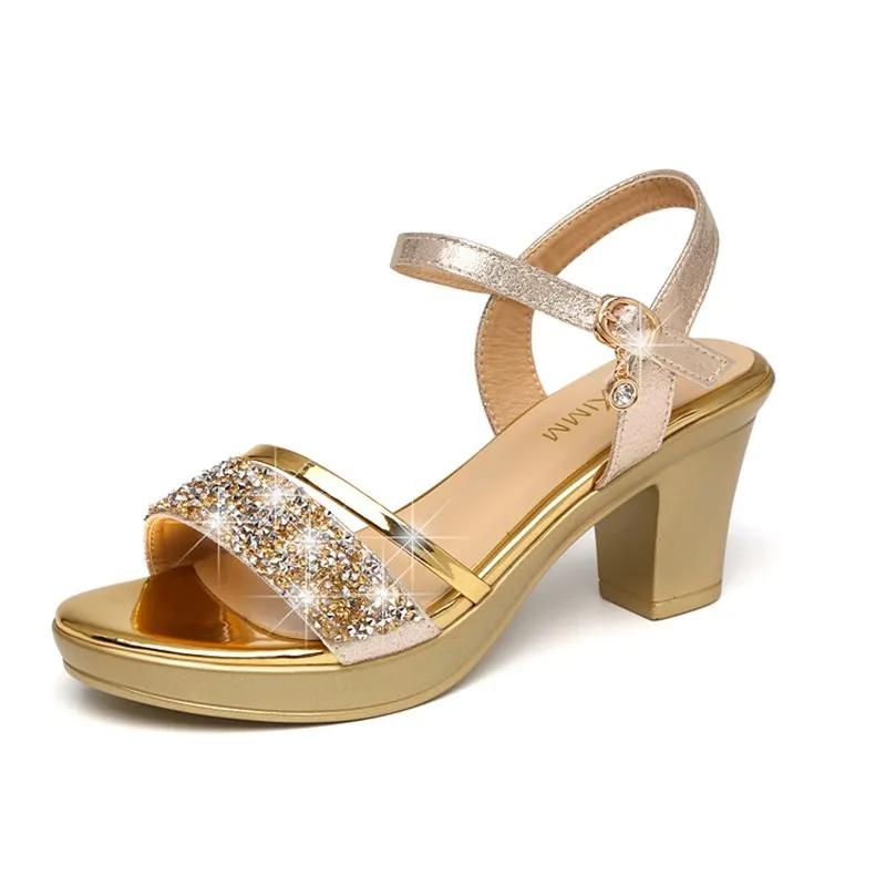 Genuine Leather Sandals Women's New High-heeled Women's Sandals One Word Buckle Rhinestone Thick with Fish Mouth Women's Shoes