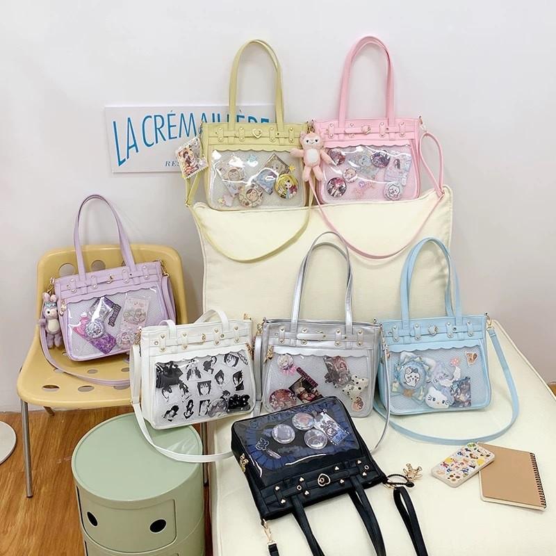 Color Solid Heart Shaped Decor Women Tote Bag With Transparent Compartment