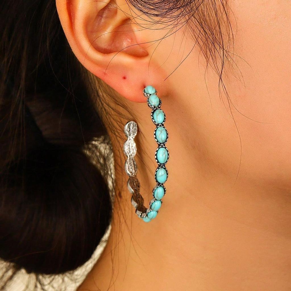 Western Style Turquoise Pendant Large Oval Earrings, Vintage Statement Earrings, Bohemian Women's Delicate Hoop Earrings, Women, 1 Pair