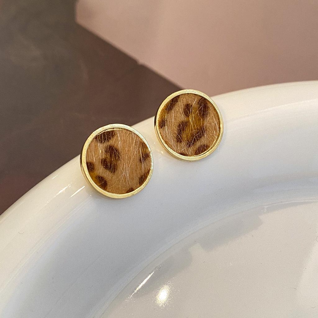 Hong Kong Style Flocking Leopard Print Geometric Stud Earrings Retro Niche Design Commuter Earrings Simple Earrings Women