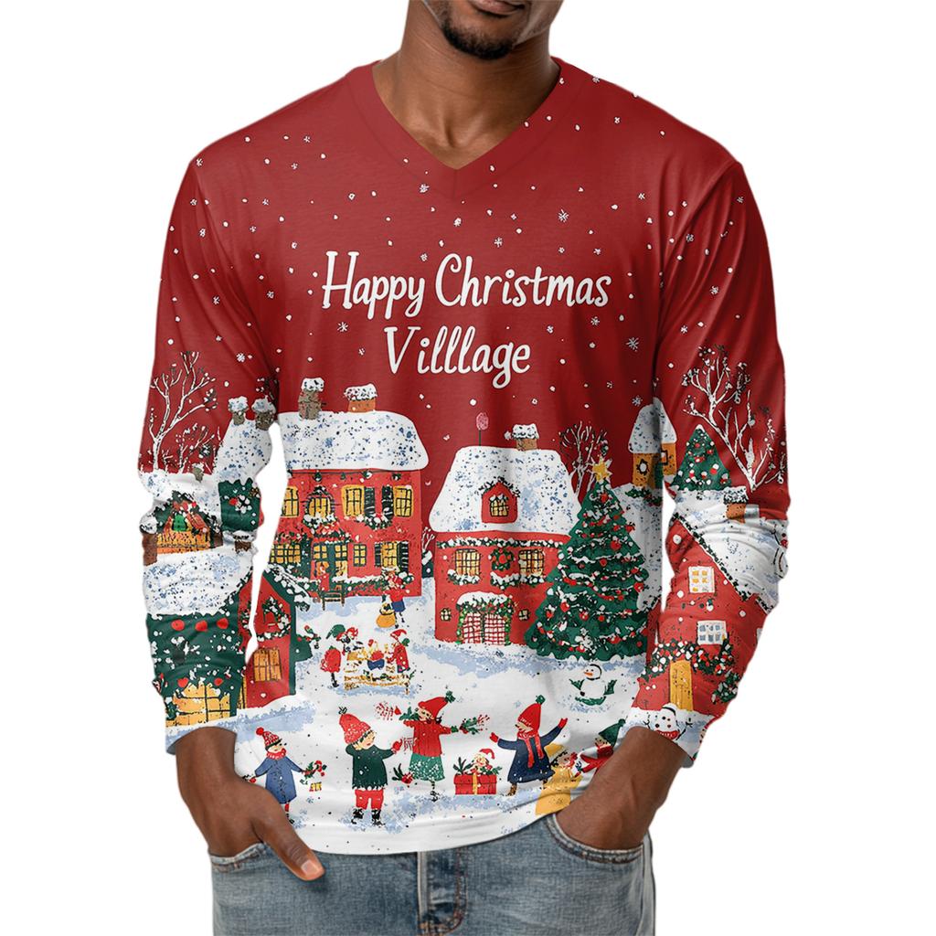 Men's Fashion Printed V-Neck Casual Long-Sleeved T-Shirt Bottoming Shirt Top