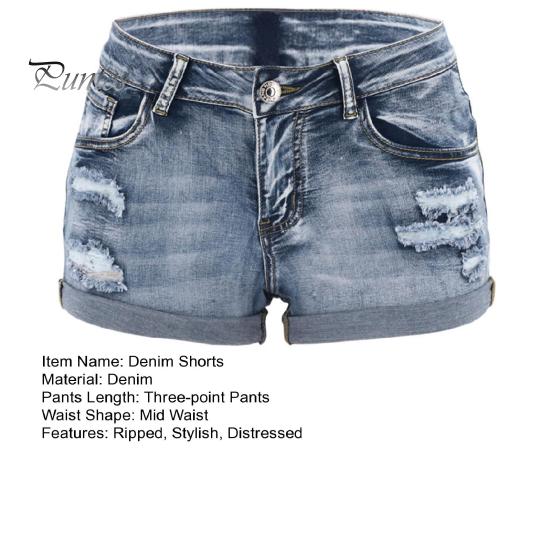Pantaloni scurți din denim rupți pentru femei, talie medie, cu manșete rulate, elastici, pantaloni scurți de vară, distressed, cu buzunare