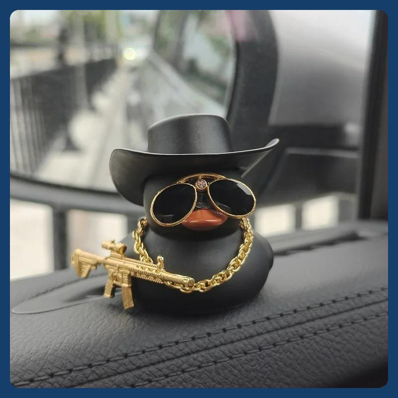 Cowboy Hat Ducks Trendy Car Dashboard Decoration Rubber Duck Office Car Decoration Ornament Black Duck with sunglasses Necklace