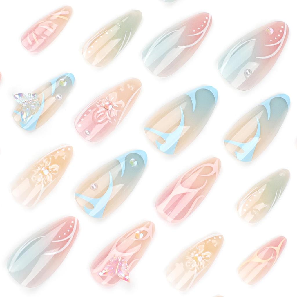 Summer 3D Butterfly Nail Art Almond Press-Ons - Gradient Bubble Bead Design