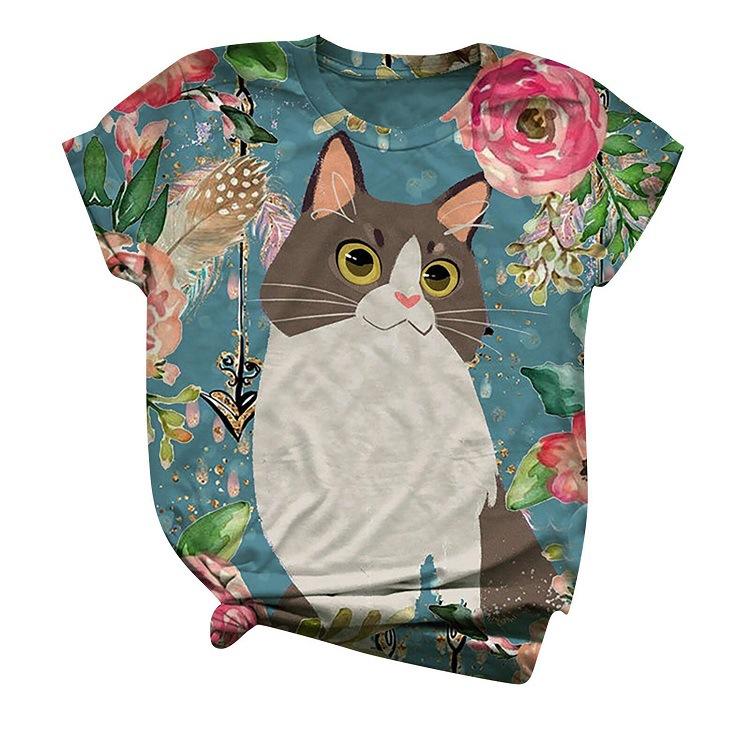 Summer New Style Summer Women's Loose Round Neck Short Sleeve Cat 3D Printed T-shirt