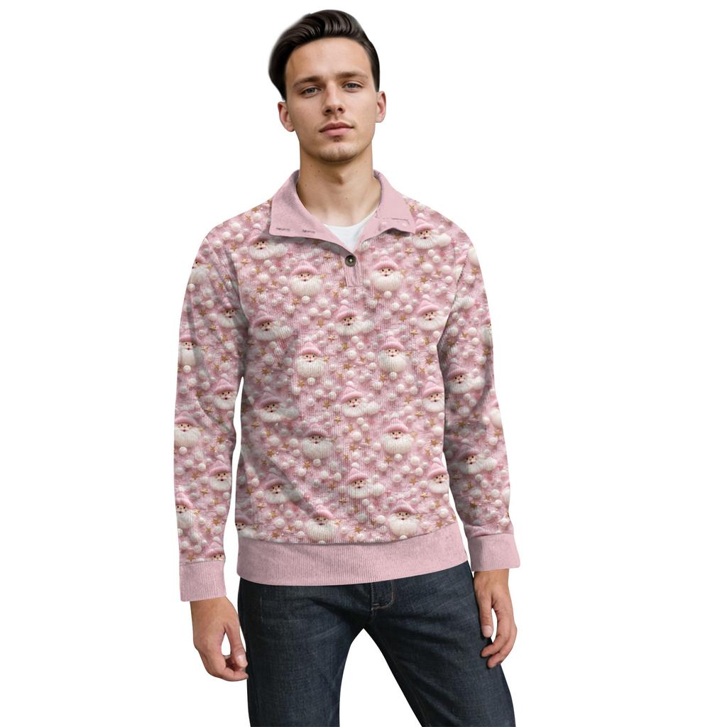 Men's Christmas Cotton Pullover Long Sleeve Outdoor Shirt Vintage Corduroy Button Stand Collar Shirt Casual Sweatshirt Christmas Print Top
