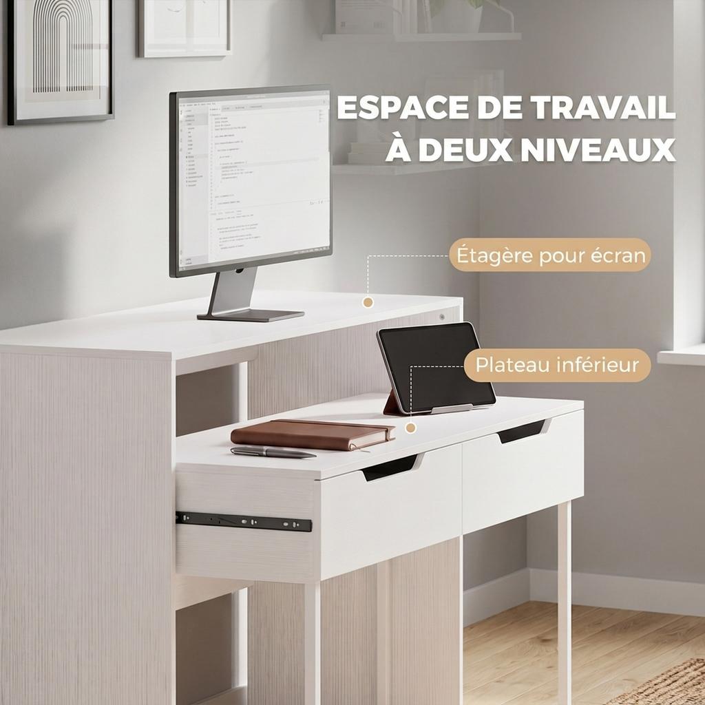 Extendable Computer Desk, 100 cm, 2 Drawers, Storage, White