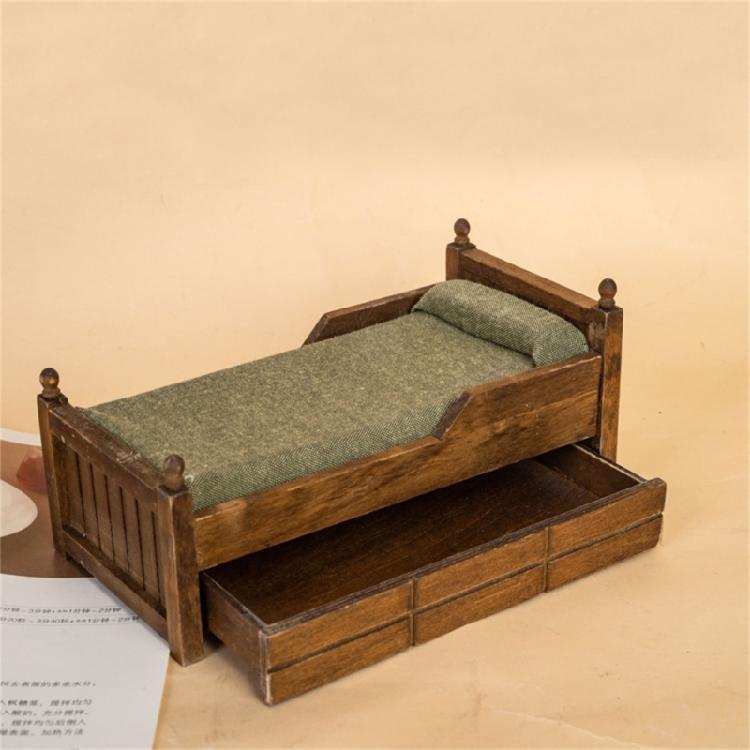 Modern Style 1:12 Scale Dollhouses Bedroom Furniture Set Wooden Toy Bed With Cotton Padded Pillow For Model Displays