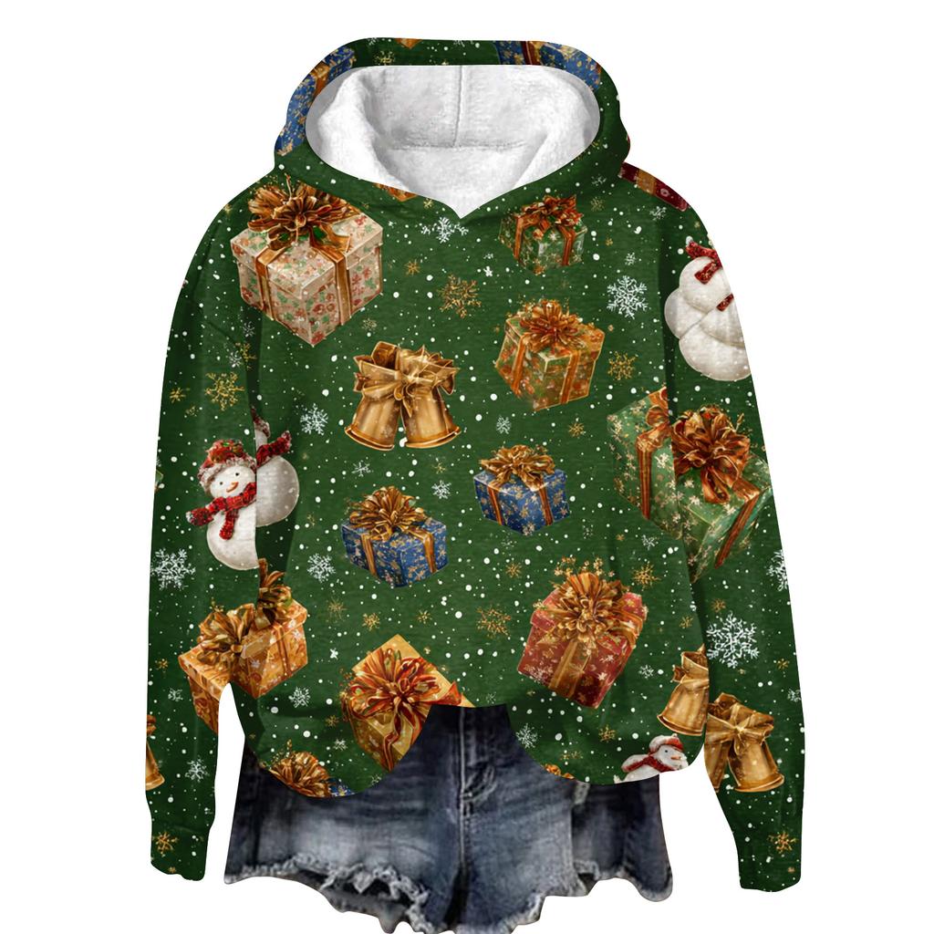 Women's Fashion Long Sleeve Christmas Print Loose Hooded Sweatshirt Top