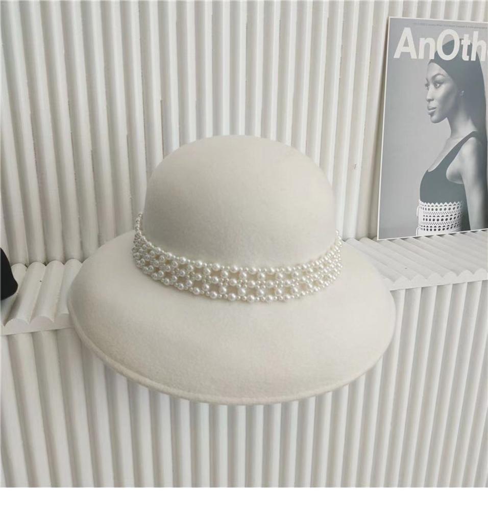 Autumn Winter 100% Wool Hat Bell Hat Women's French Elegant Retro Hepburn Autumn and Winter Celebrity Pearl Wool Felt Bucket Hat