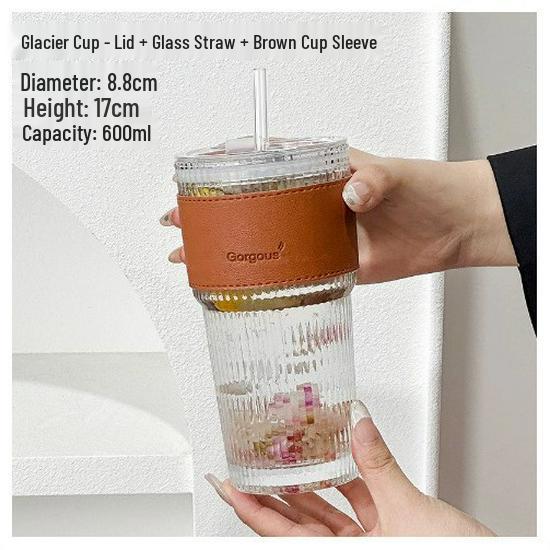 20oz Bamboo Glass Cup with Vertical Stripes and Lid 600ml