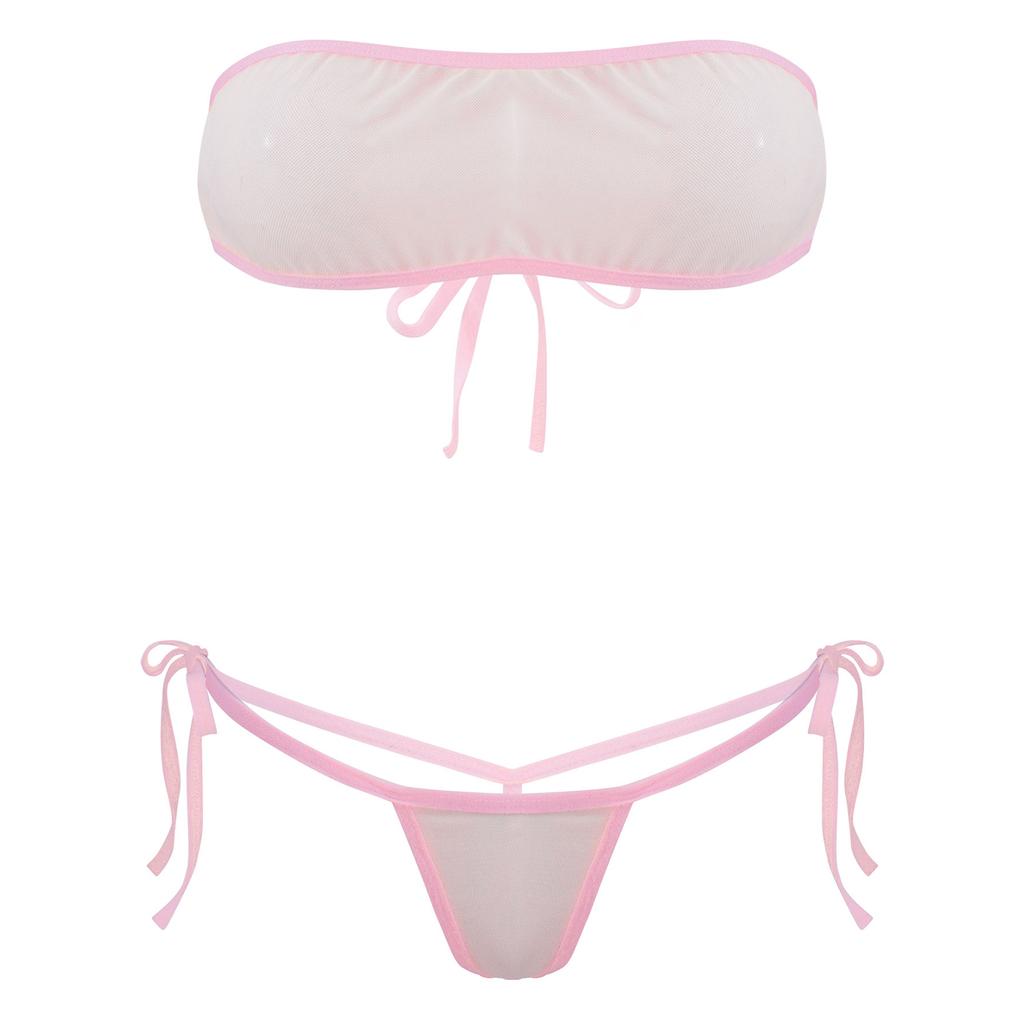 Womens Mesh Bikini Set Sheer Strapless Bra with Lace-Up Thong Sexy Beachwear Swimwear