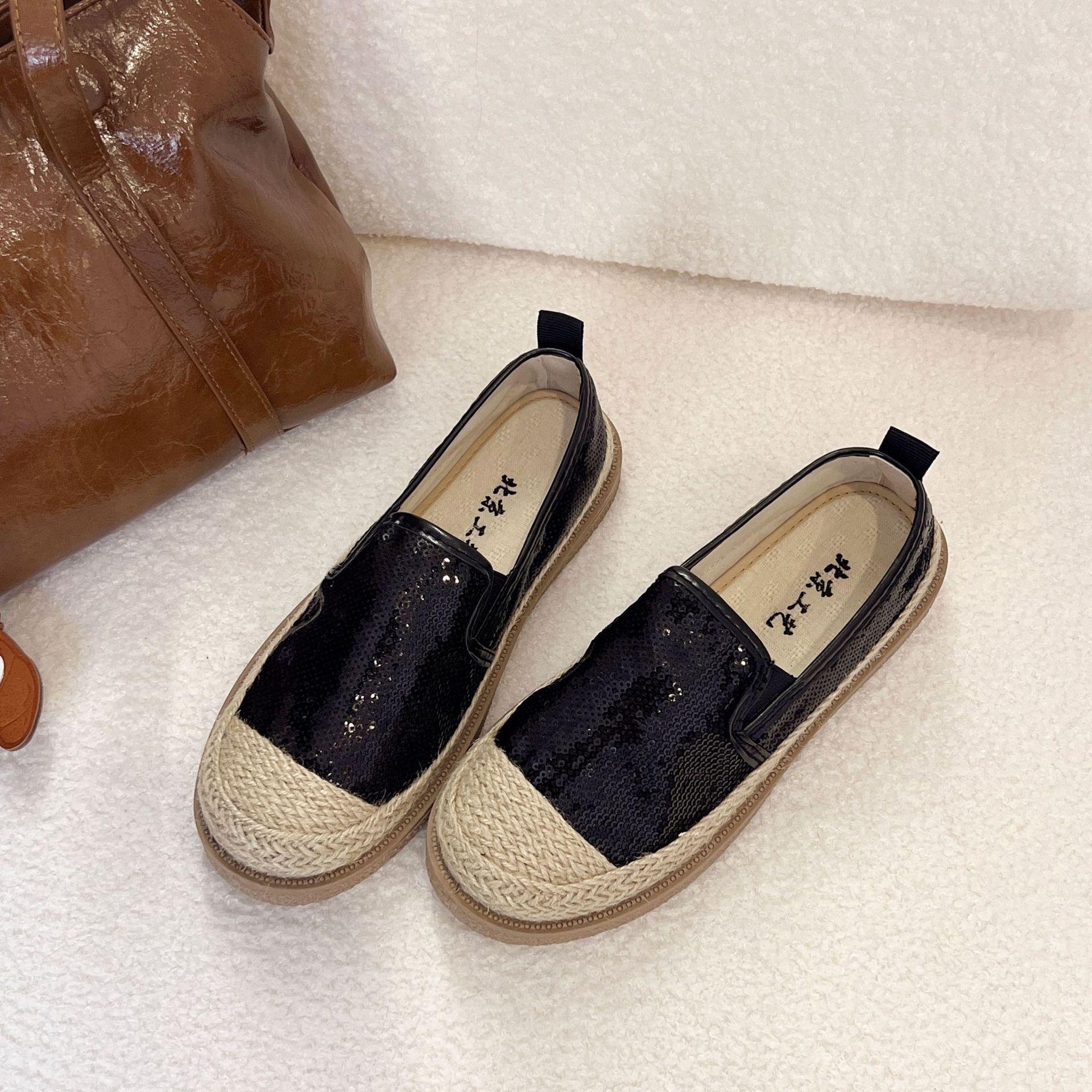 

Xiaoxiangfeng sequined fisherman shoes women s 2025 spring new linen woven loafers women s casual breathable flat-soled single shoes 41