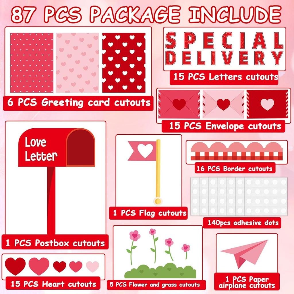 87Pcs Valentine's Day Classroom Bulletin Board Decoration Special Delivery DIY Bulletin Board Set 3D Heart Mailbox Letter Cutouts with Borders for