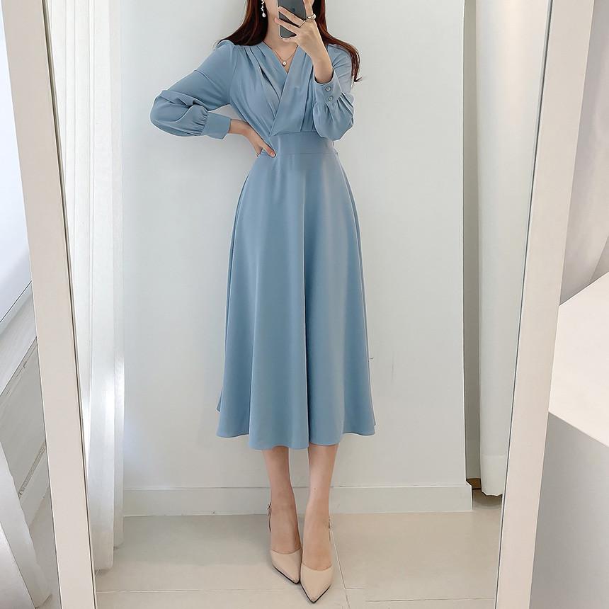 Harajuku V-neck Puff Sleeve A-line Maxi Dresses for Woman Women Solid Color Midi Robe Korean Office Dresses Elegant Spring 2026