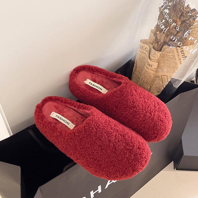 2025 autumn and winter new thick-soled fluffy slippers women's outer wear bag head plush one pedal lazy shoes cotton slippers