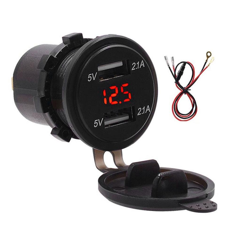 Waterproof Dual USB Phone Charging 4.2A Charger LED Digital Display Voltmeter with 23.6in LineRed DC12 24V