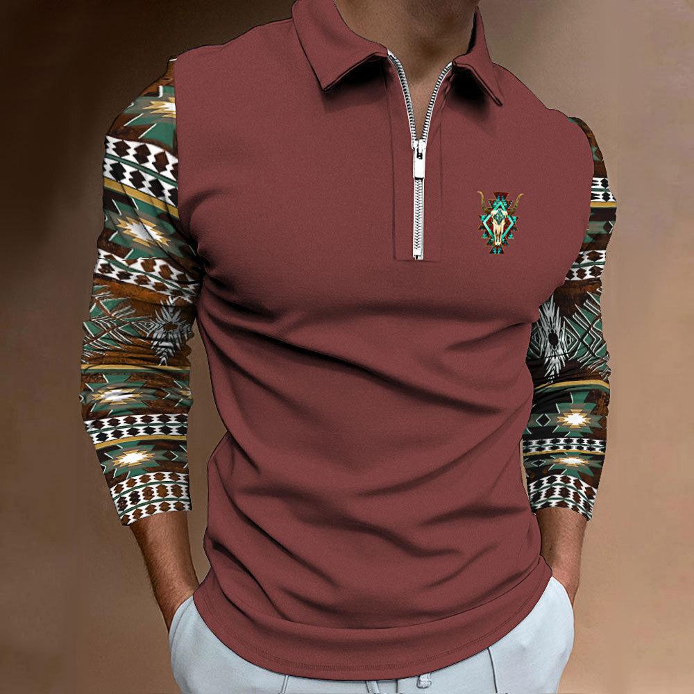 Geometrisches Muster Langarm Reißverschluss Poloshirt, Trendige Freizeitkleidung