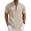 Men's Mandarin Collar Short Sleeve Linen Henley Shirt 2 Button Placket Breathable Textured Casual Summer Beach Tunic Top