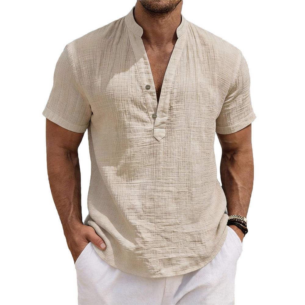 Men's Mandarin Collar Short Sleeve Linen Henley Shirt 2 Button Placket Breathable Textured Casual Summer Beach Tunic Top