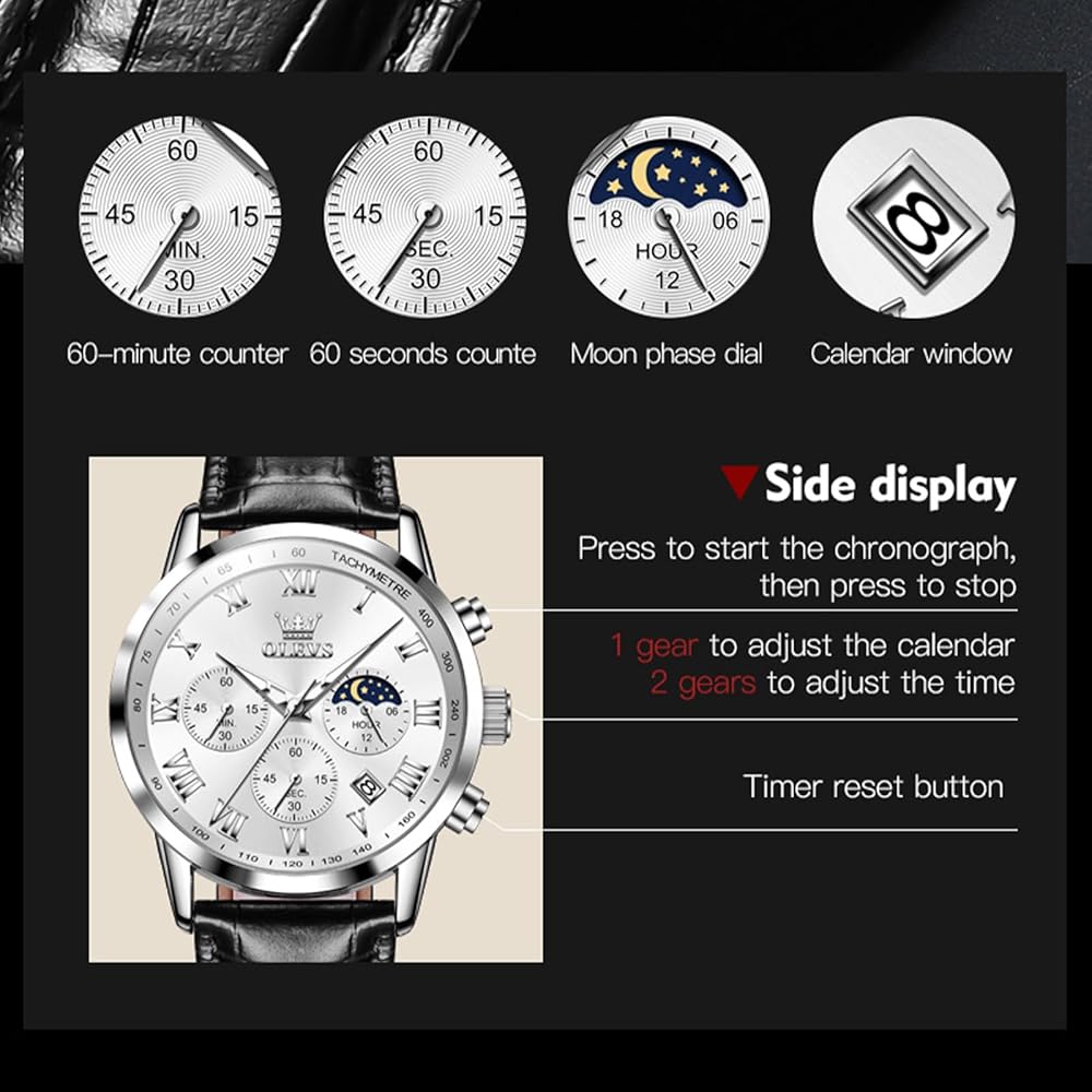 Olevs Men's Chronograph Waterproof Analog Watch Black Leather Strap Date Display Fashion Timepiece White Dial