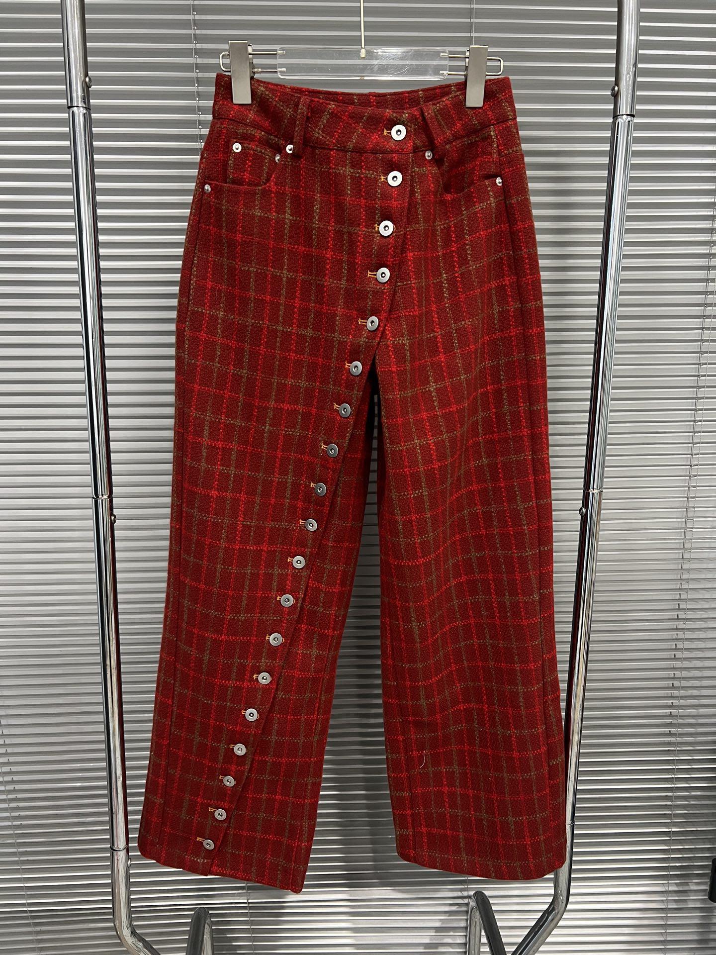 2025 Autumn/Winter Red Plaid Drawstring Wide-Leg Casual Pants S