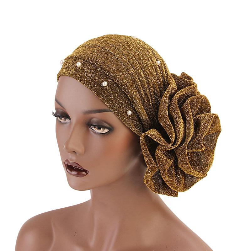 Elastic Beading Women Big Flower Turban Cap