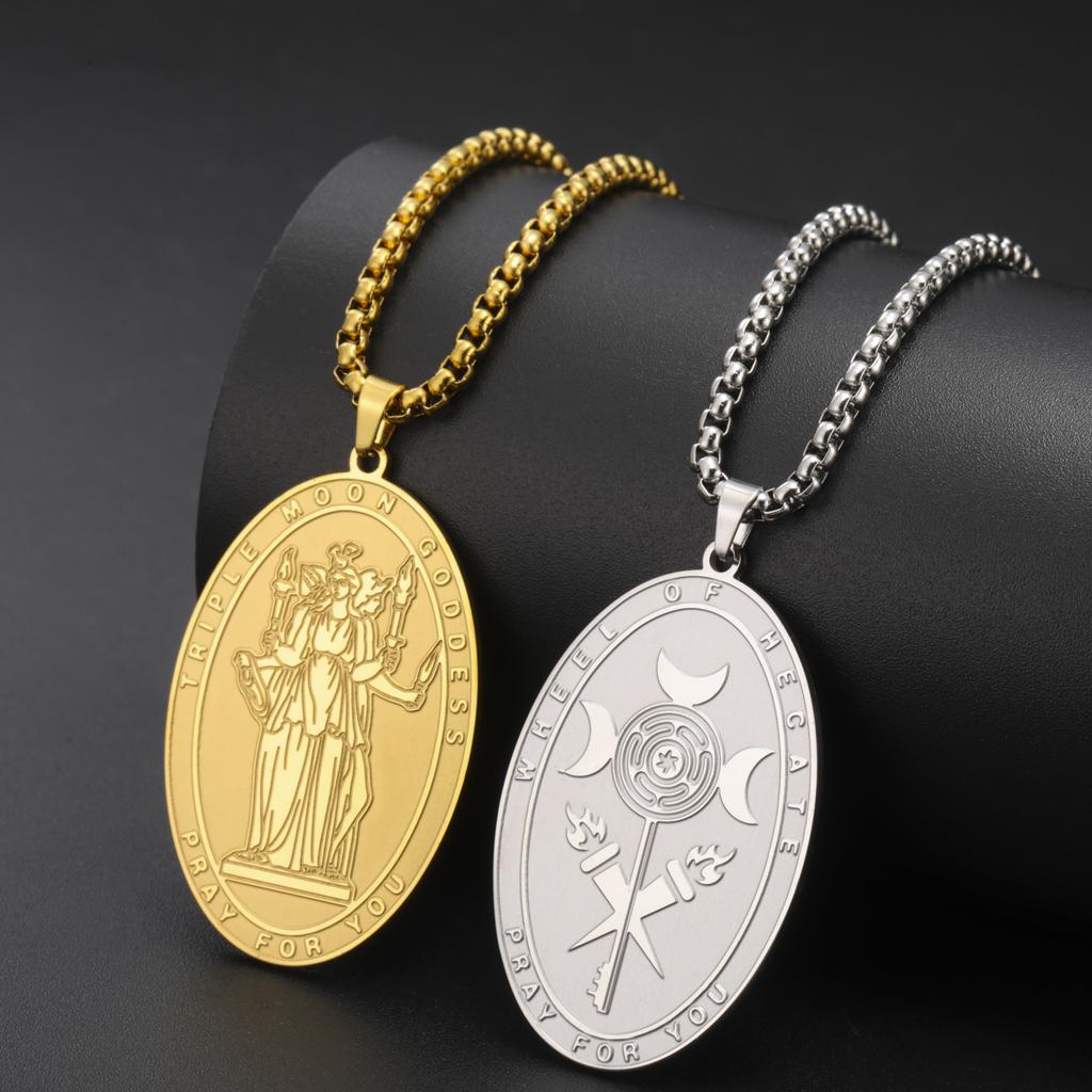 Jeshayuan Hecate Wiccan Triple Moon Goddess Necklace Hecate Wheel Key Witch Necklace Amulet Witch Jewelry Gifts for Women Men