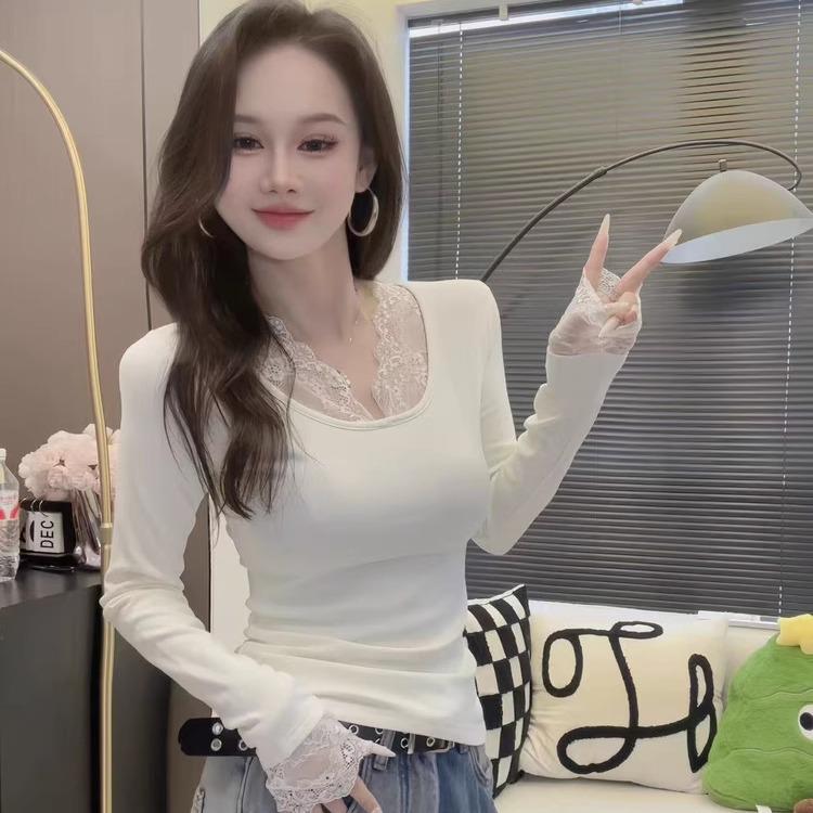 Pure Desire V-Neck Lace Patchwork Women's Long Sleeve Base Layer Top - 2025