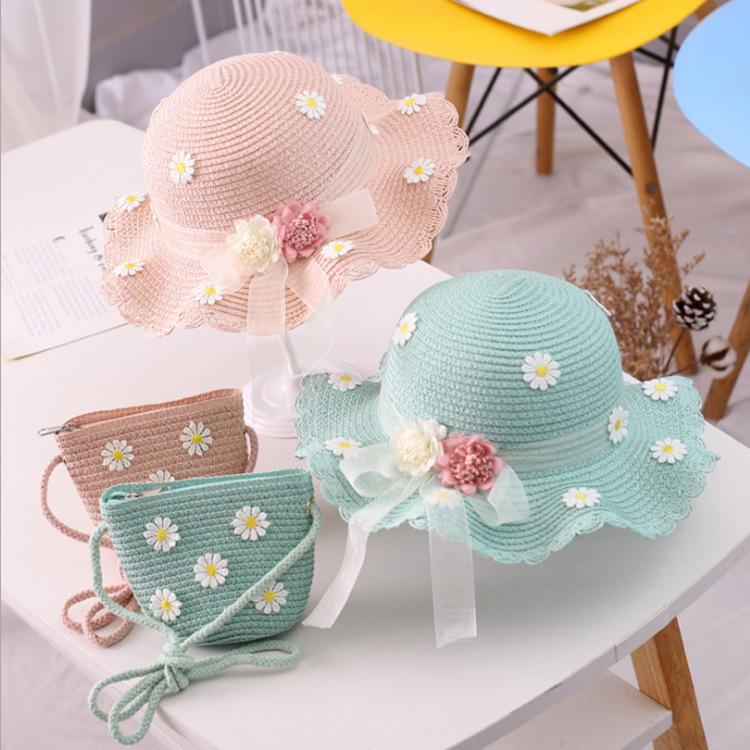 Girls Sun Hat Flower Resort Beach Hat Wavy Edge Straw Hat + Bag Sun Hat Children'S Fairy Hat