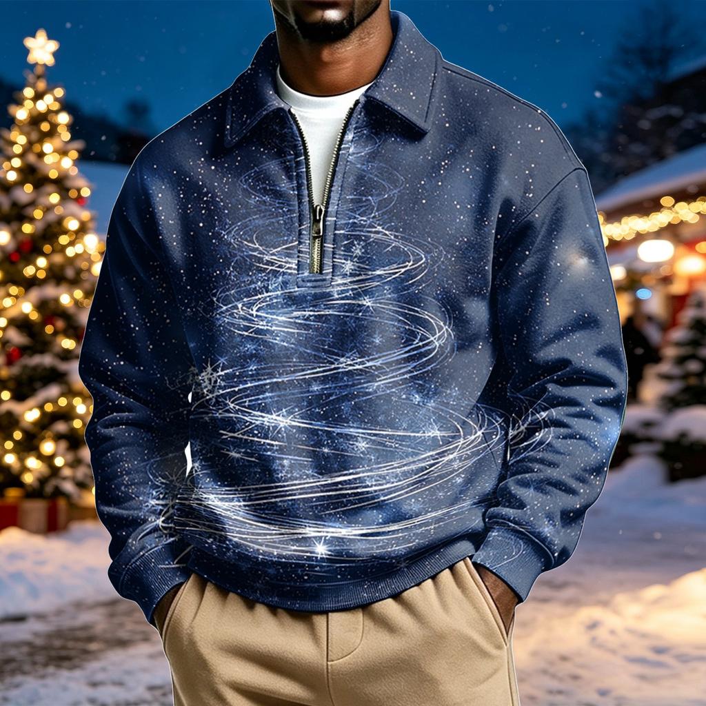 Men's Casual Christmas Print Collared Long Sleeve Pullover Sweatshirt