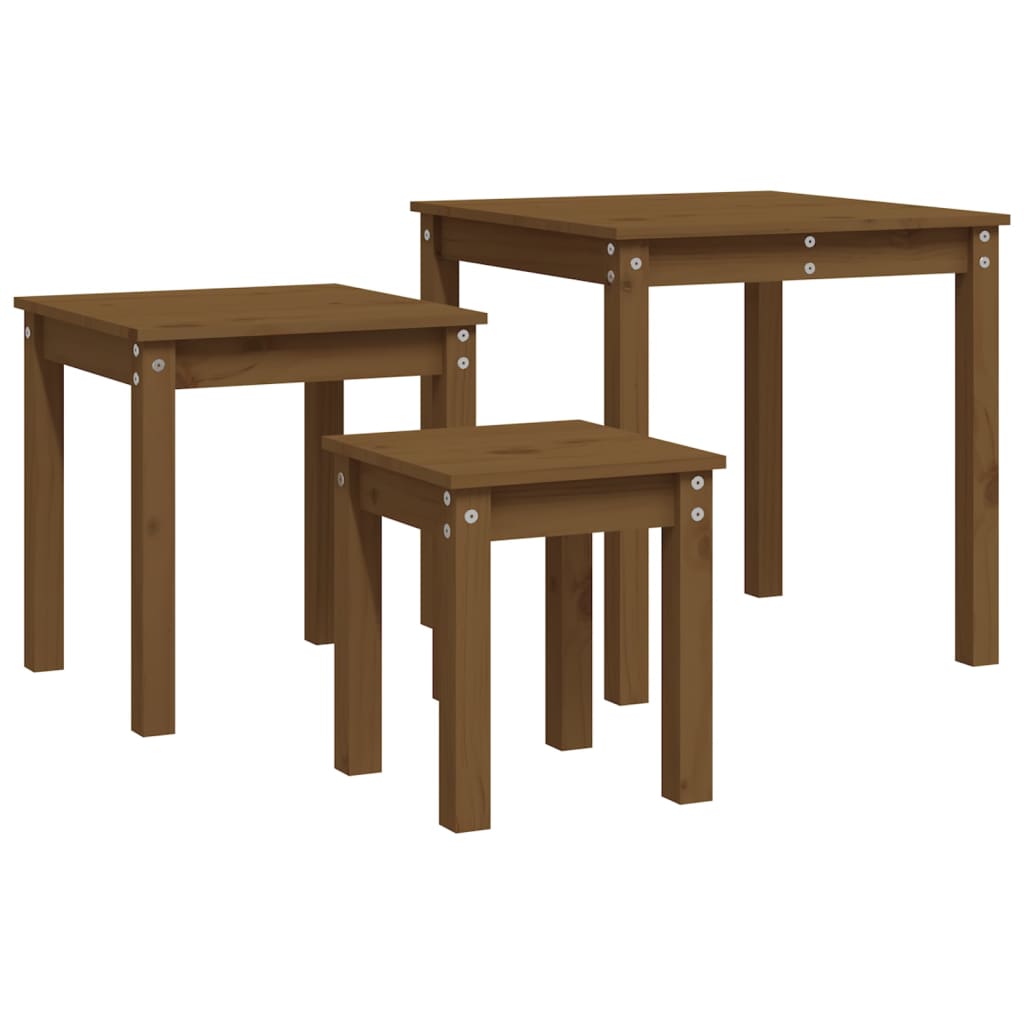 3 Piece Nesting Tables Set Honey Brown Solid Pine Wood