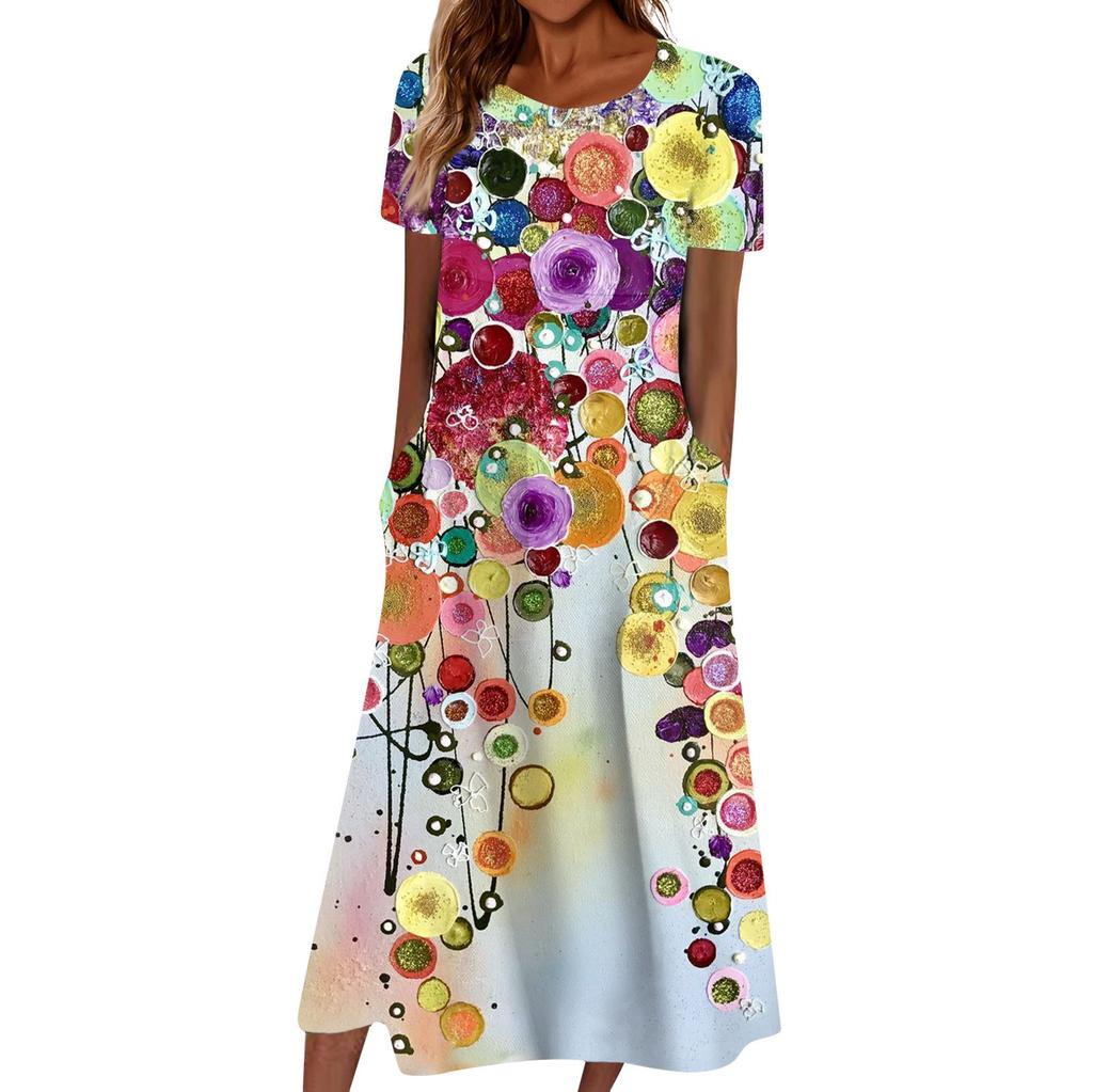 Summer Dress For Women Casual Printed V-Neck Short-Sleeve Beach Swing Dress