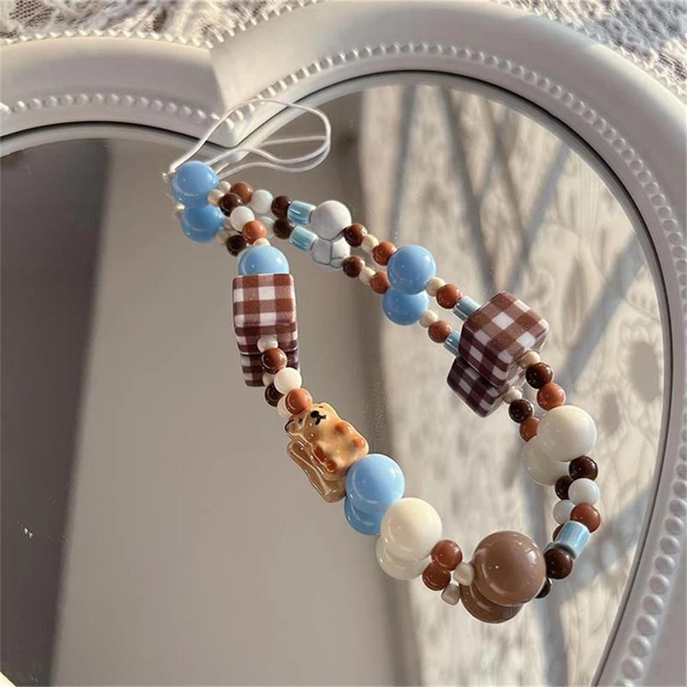 Y2K Handmade Vintage Cell Phone Lanyard Cute Phone Charm Wrist Strap Keychain Brown Bear Bead Pendant For Girl Decor Rope Gift