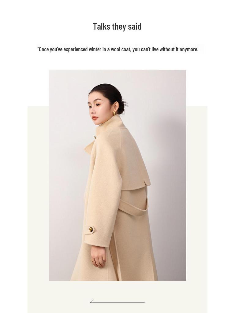 Double-Sided Cashmere Wool Coat, Women's 2024, 100% Wool, Stand Collar, Hepburn Style, Long and Loose Fit.