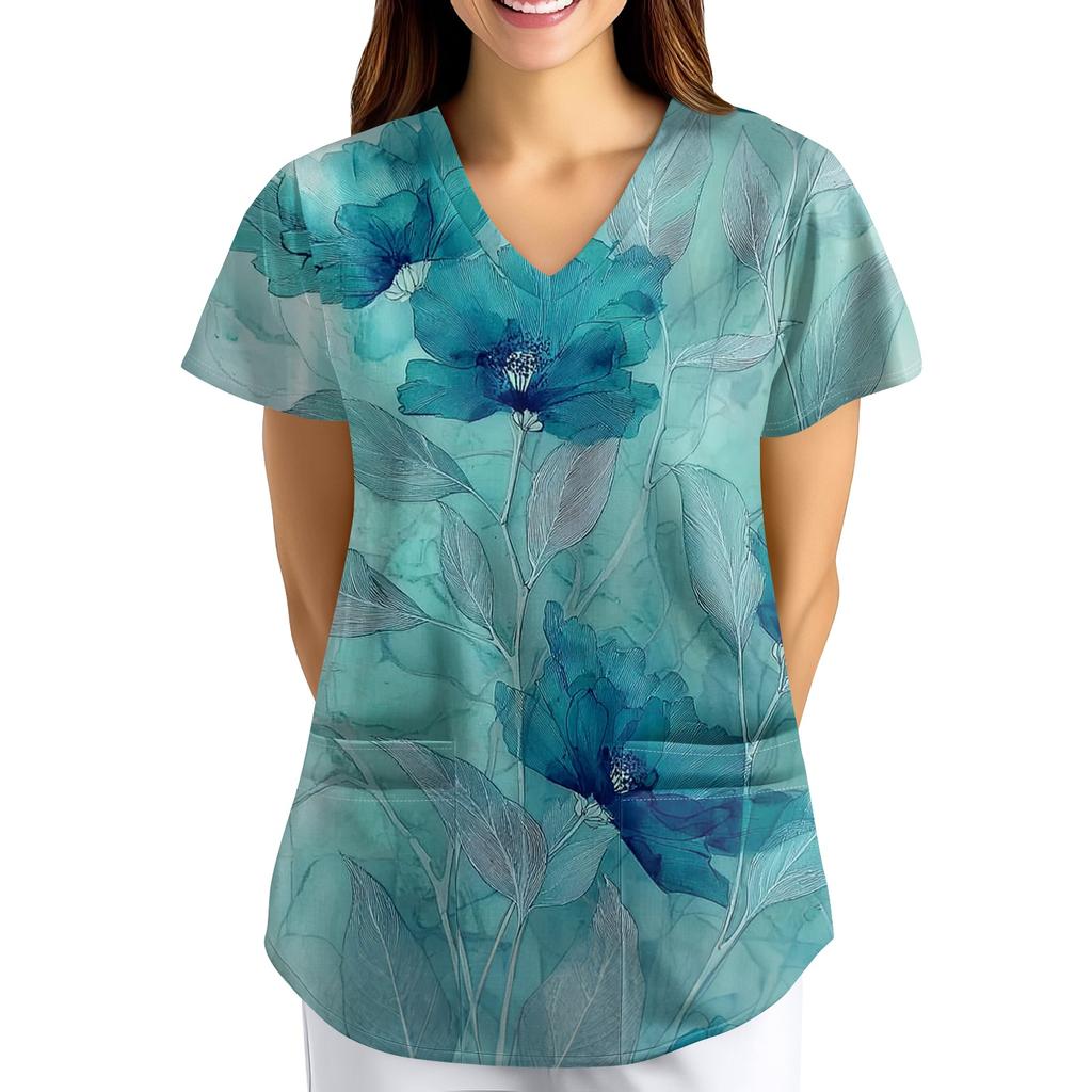 Nadměrná velikost Potištěný pracovní oděv Halenky pro dámský překřížený výstřih do V Potisk Krátký rukáv Zábavná trička Pracovní oděv Tričko s kapsami