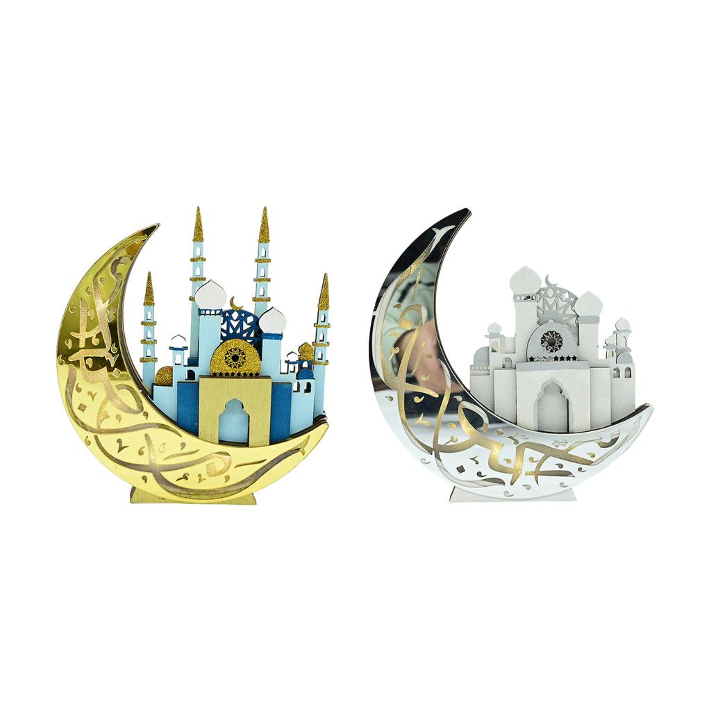 Oświetlony diodami LED Drewniany Księżyc Zamki Meczet Dekoracja Stołu Ornament na Muzułmańskie Święto Eid Prezent na Islamski Ramadan