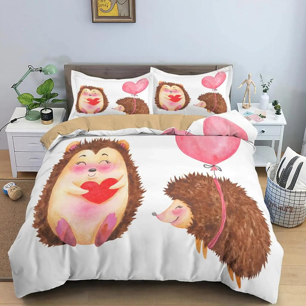 Hedgehog Duvet Cover Mushroom For Boys Teens Cute Cartoon Wild Animal Pinecone Tree Leaf Quilt Cover Autumn Leaves Room Decor