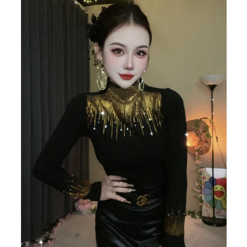 Women s Half-High Collar Beaded Long Sleeve Top for Autumn and Winter L