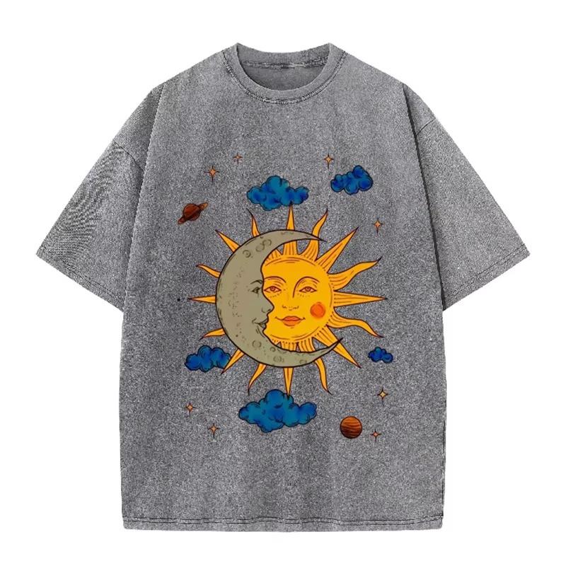 Herren T-Shirt mit Mond- und Sonnenaufdruck, Oversized Kurzarm Retro Washed Shirts für Sommer Tops