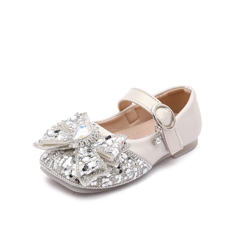

Туфли принцессы для девочек, блестящие пайетки, милые бантики, детские туфли на плоской подошве, нескользящая мягкая подошва, новинка 2025 года, детские кожаные туфли, круглый носок 23 бежевый