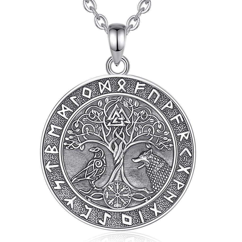 Eudora 925 Silver Viking Wolf Crow Necklace for Women Man Compass Tree of Life Runes Amulet Pendant Personality Jewelry