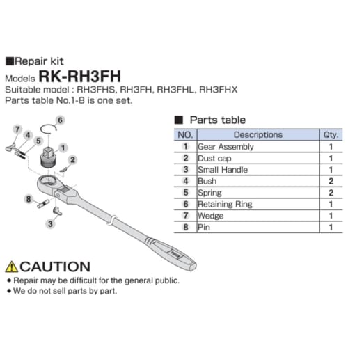 TONE Ratchet Handle Repair Kit RK-RH3FH Drive Angle 9.5mm (3/8")