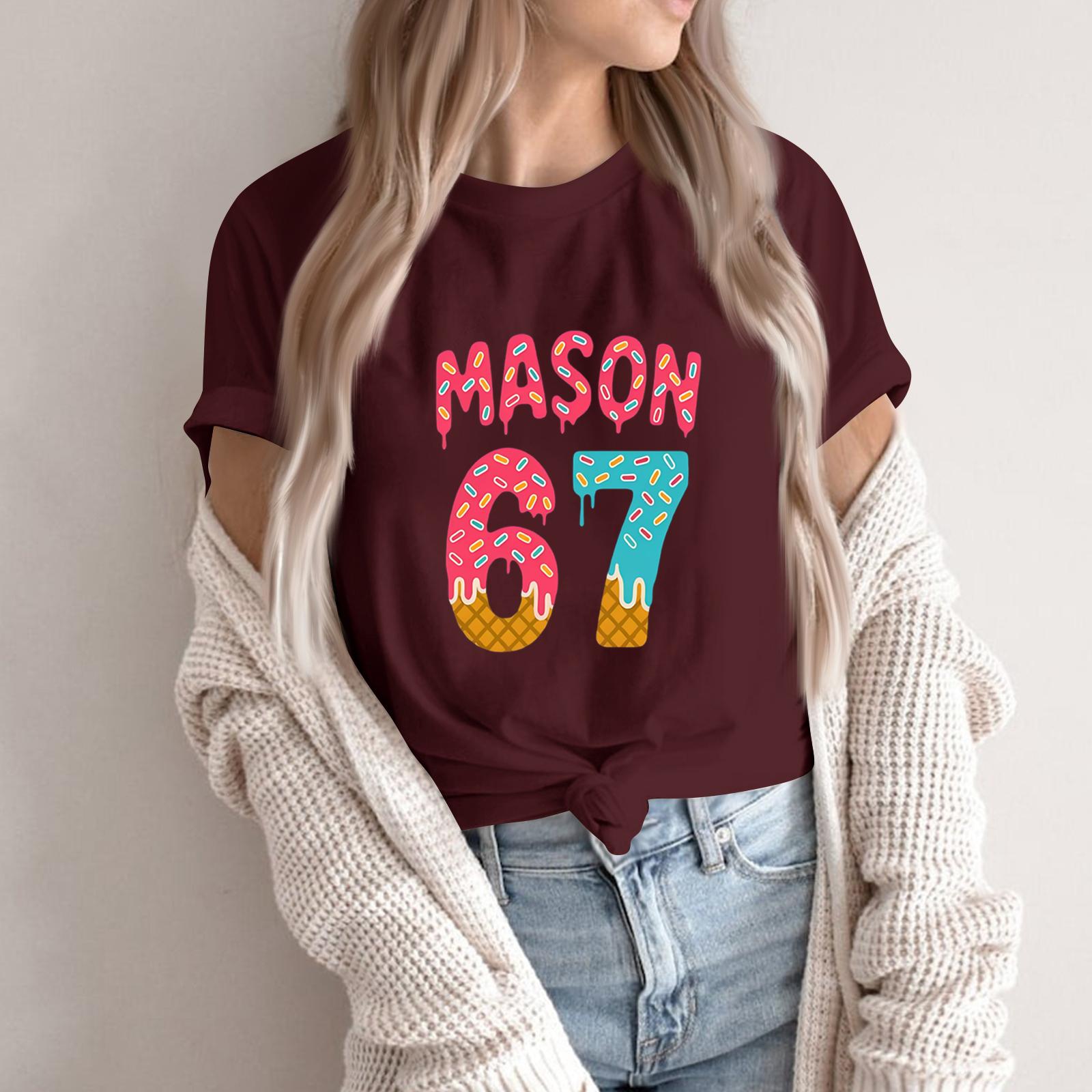 

Жіноча модна повсякденна футболка з коротким рукавом з принтом, топ з круглим вирізом S винний