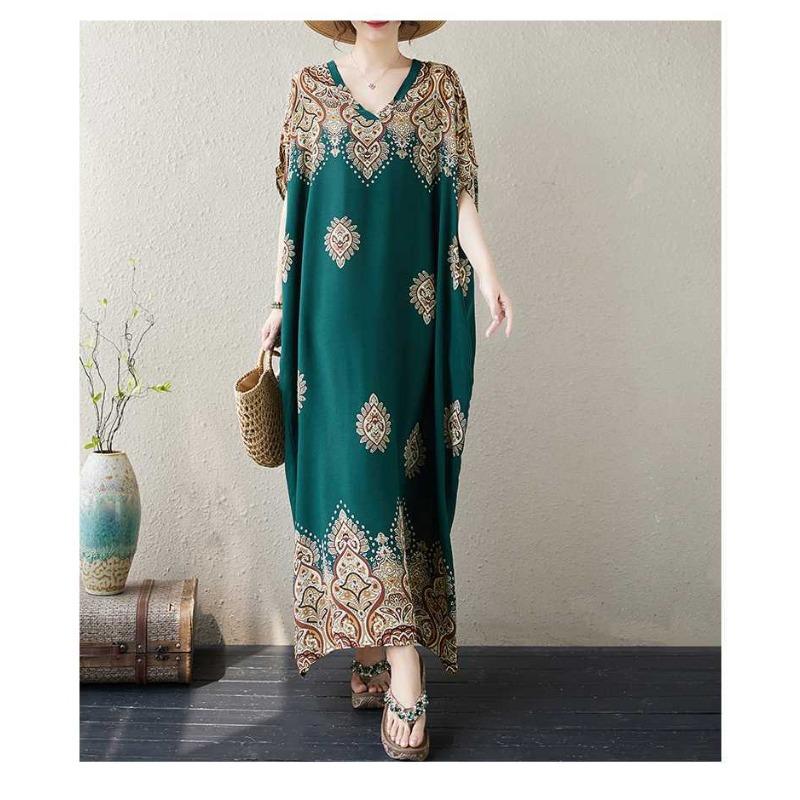 V Neck Fresh Floral Skinny Literary Vintage Bohemian Vacation Long Skirt